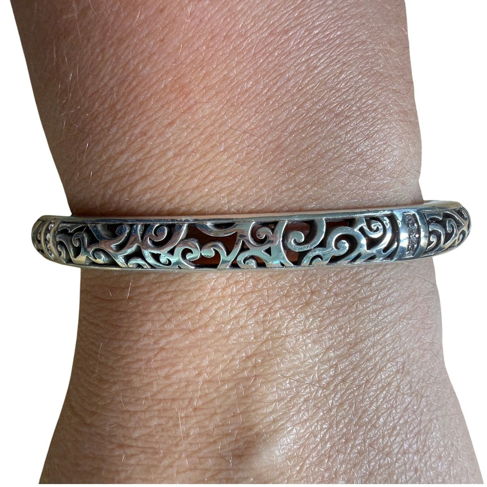 Brighton Silver Tone Crystal Scroll Filigree Hinged Bangle Bracelet Victorian